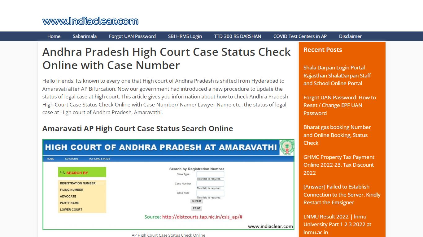 AP High Court Case Status Check Online Search tshcstatus.nic.in/csis_ap/